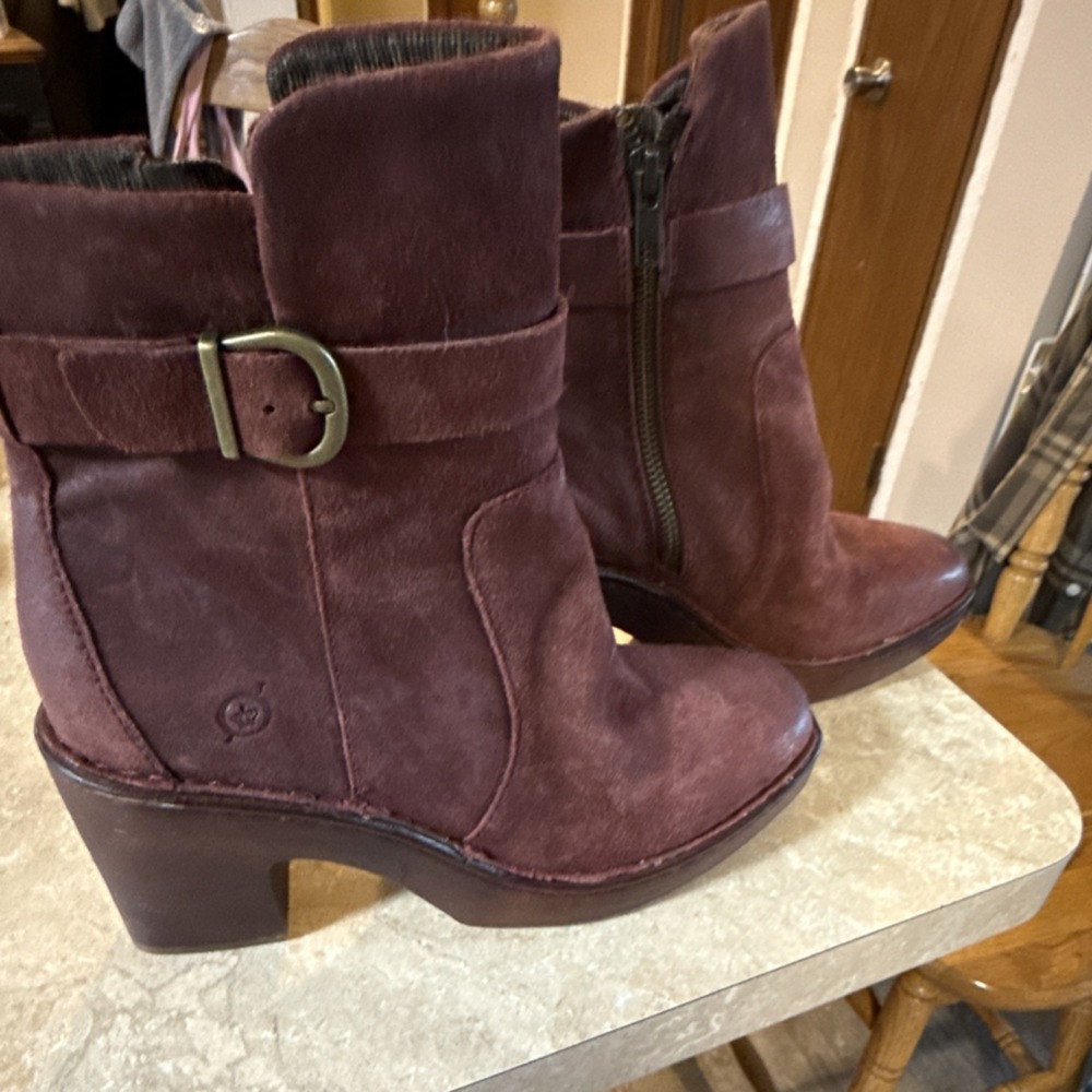 Børn Burgundy Leather Ankle Bootie Buckle Zip Women's Size 8 Block Heel